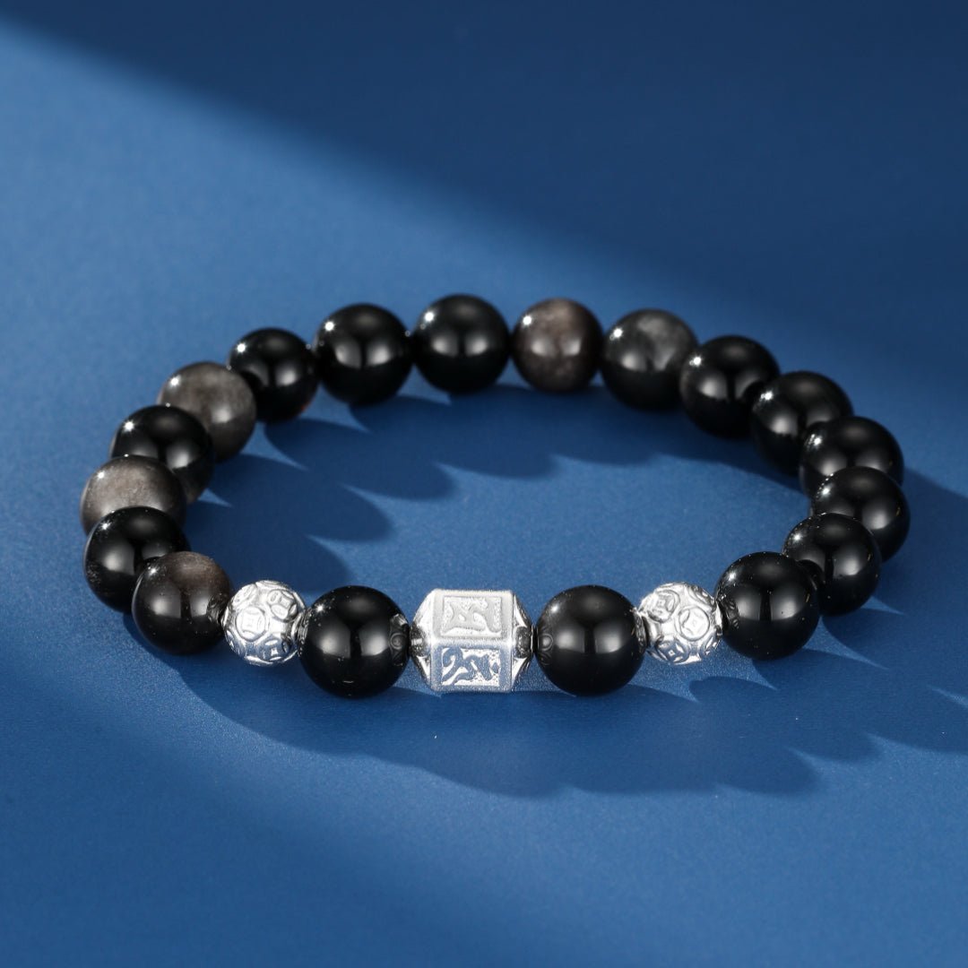 Bracelet Obsidienne Homme Argent Mantra Tibétain - Biloria