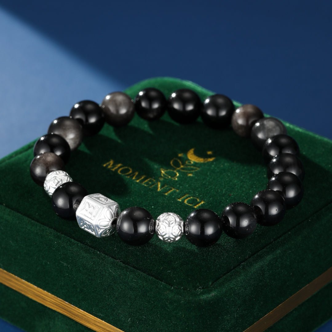 Bracelet Obsidienne Homme Argent Mantra Tibétain - Biloria