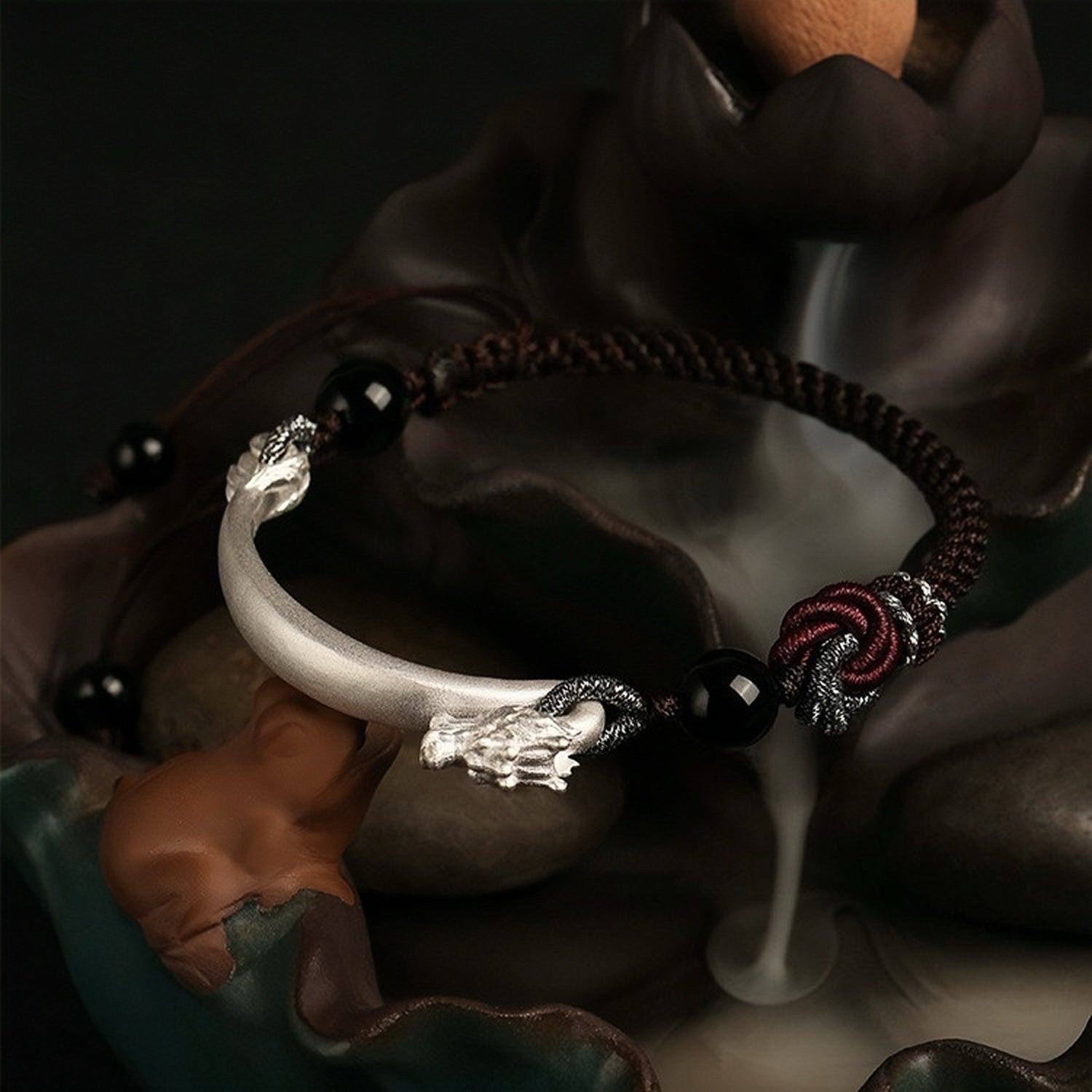 Bracelet Obsidienne Mandala Homme Argent 925 Protection - Biloria