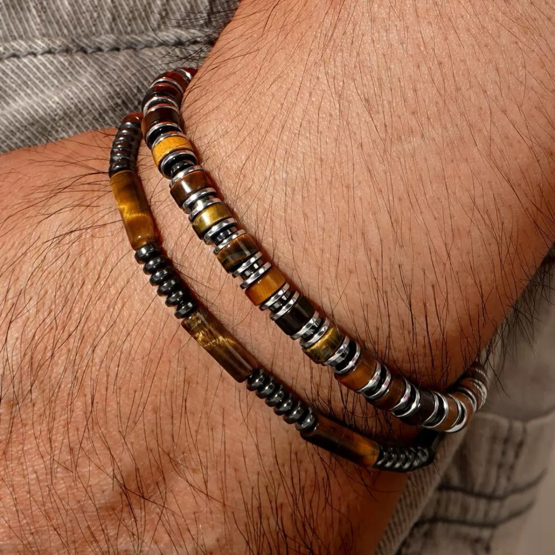 Bracelet Œil de Tigre Hématite Homme – Double Rang Élastique - Biloria