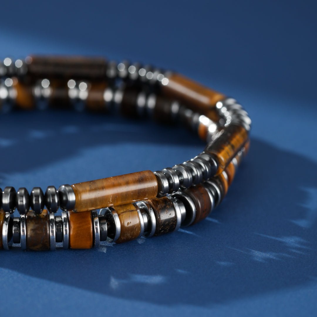 Bracelet Œil de Tigre Hématite Homme – Double Rang Élastique - Biloria