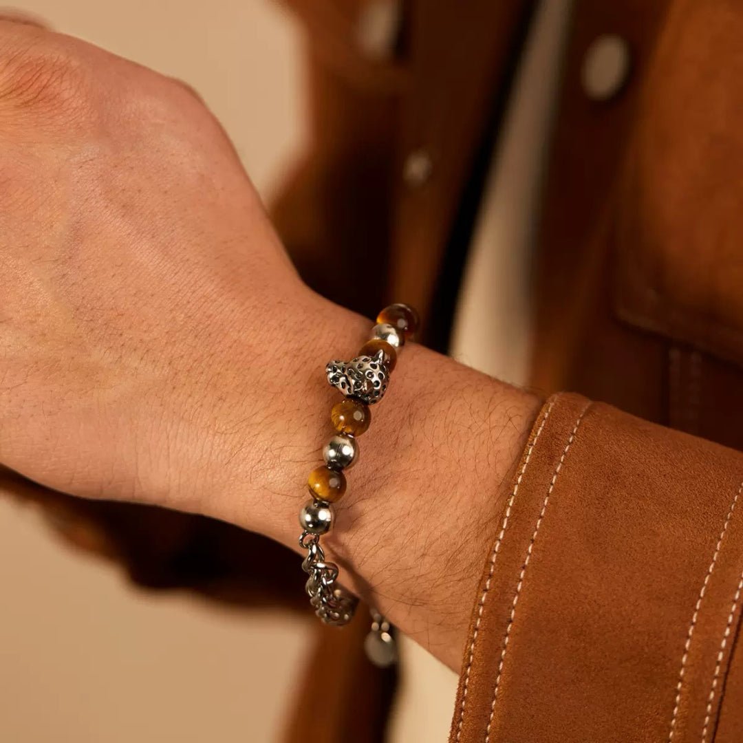 Bracelet Œil de Tigre Homme avec Tête de Léopard - Biloria