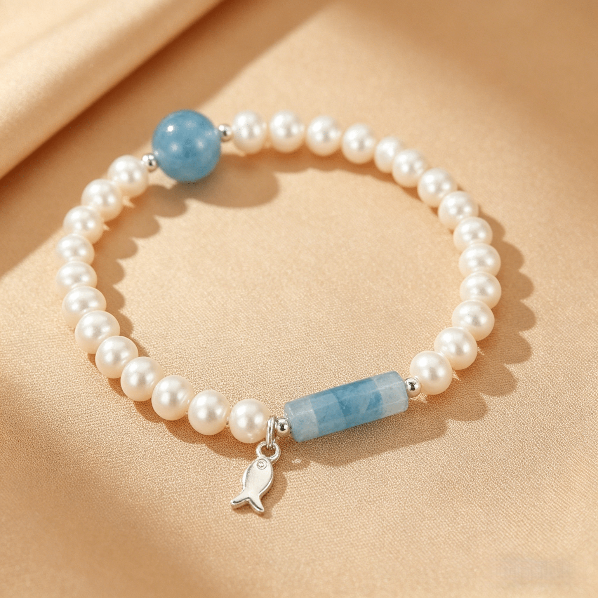 Bracelet Perle Aigue-marine Argent 925 Enfant Maman - Biloria