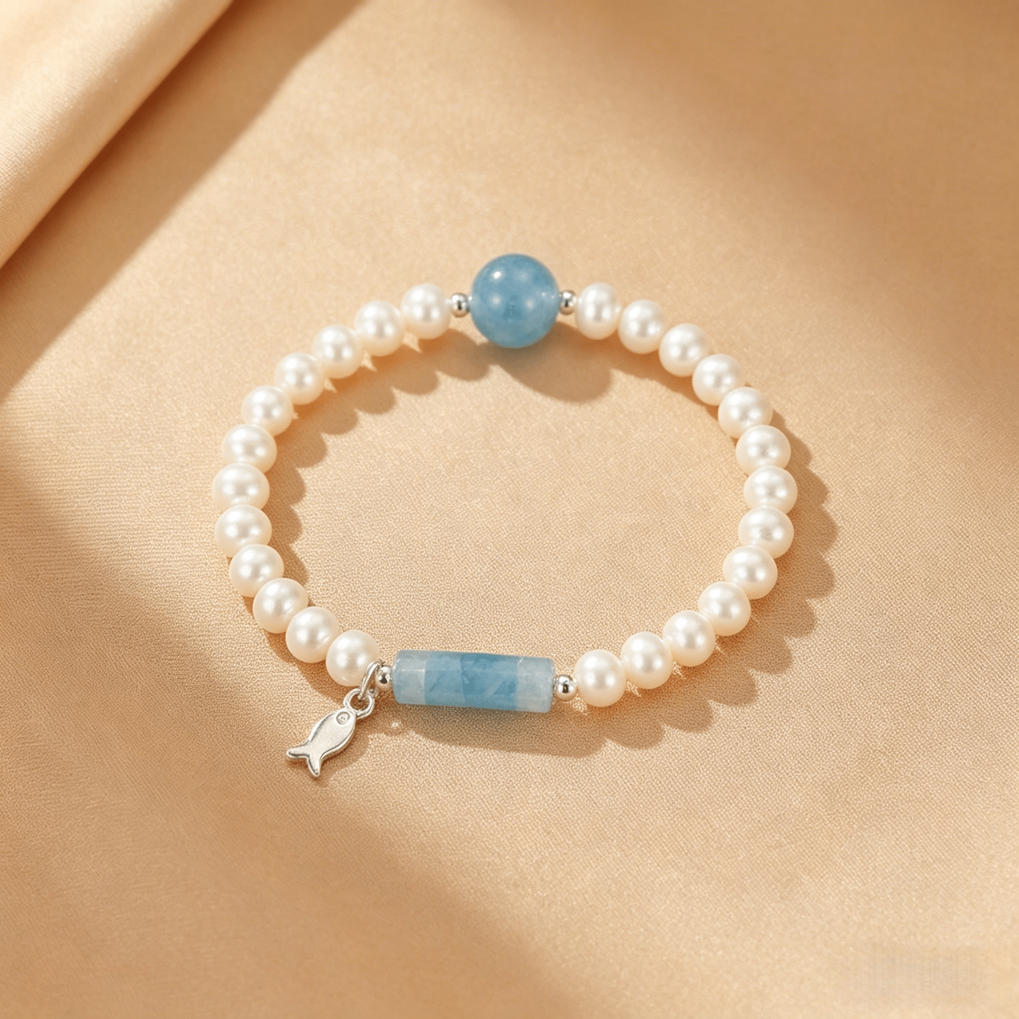 Bracelet Perle Aigue-marine Argent 925 Enfant Maman - Biloria