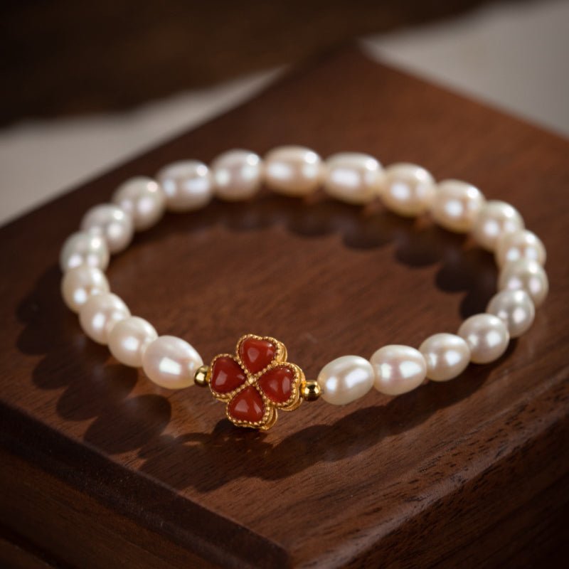 Bracelet Perle Trèfle Charmant Argent Plaqué Or - Biloria