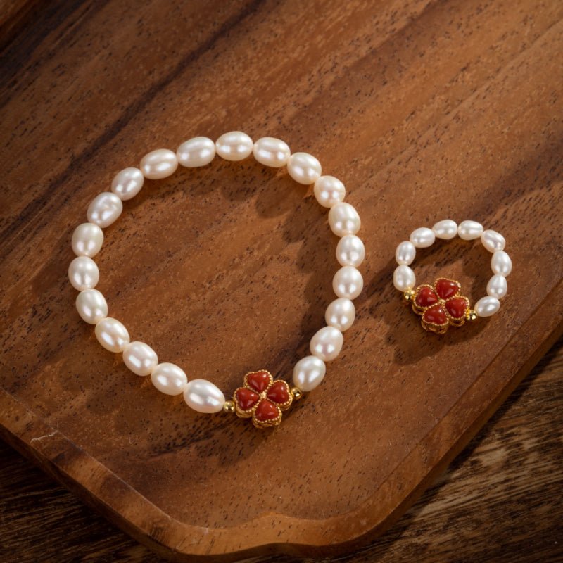Bracelet Perle Trèfle Charmant Argent Plaqué Or - Biloria