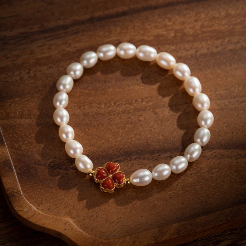 Bracelet Perle Trèfle Charmant Argent Plaqué Or - Biloria