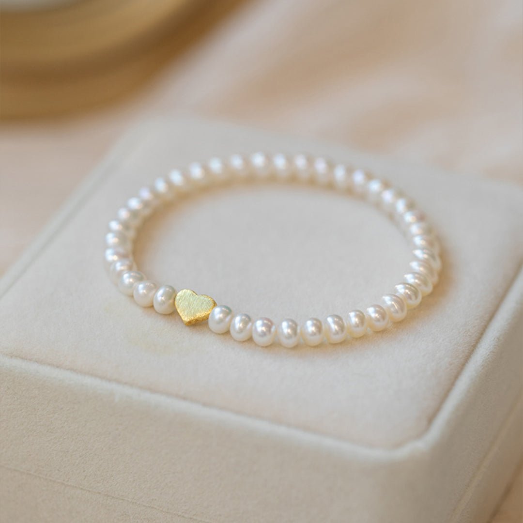 Bracelet Perles d'Eau Douce avec Cœur Doré - Cadeau Mère Fille - Biloria