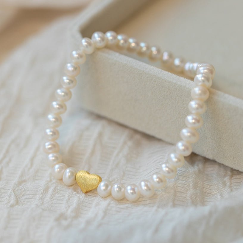 Bracelet Perles d'Eau Douce avec Cœur Doré - Cadeau Mère Fille - Biloria