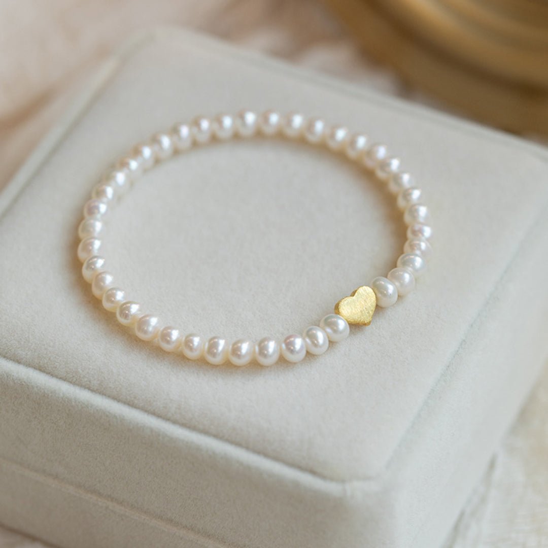Bracelet Perles d'Eau Douce avec Cœur Doré - Cadeau Mère Fille - Biloria