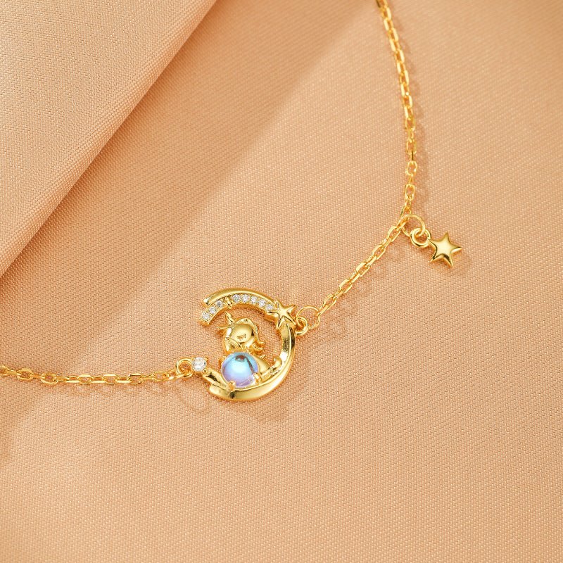 Bracelet Pierre de Lune Argent 925 avec Lune et Étoile, Cadeau Féminin - Biloria