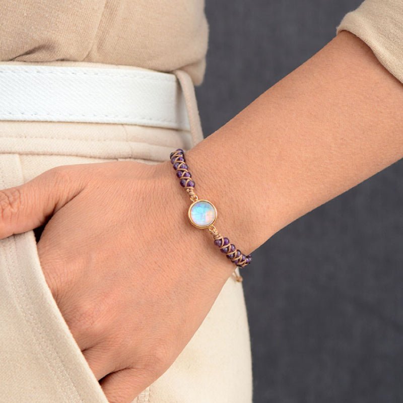 Bracelet Pierre Naturelle Améthyste Opale Laiton Ajustable - Biloria