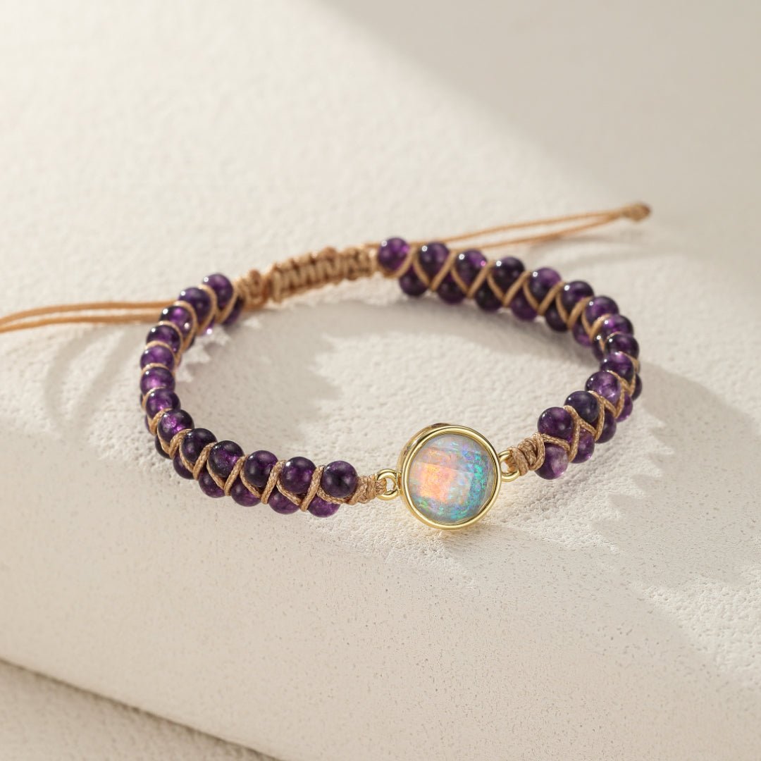 Bracelet Pierre Naturelle Améthyste Opale Laiton Ajustable - Biloria