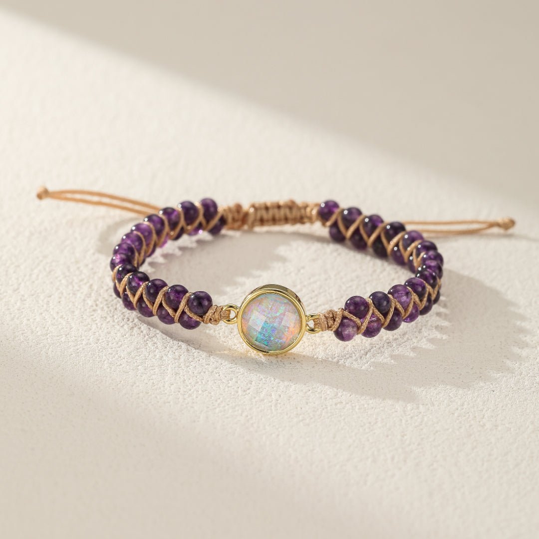 Bracelet Pierre Naturelle Améthyste Opale Laiton Ajustable - Biloria