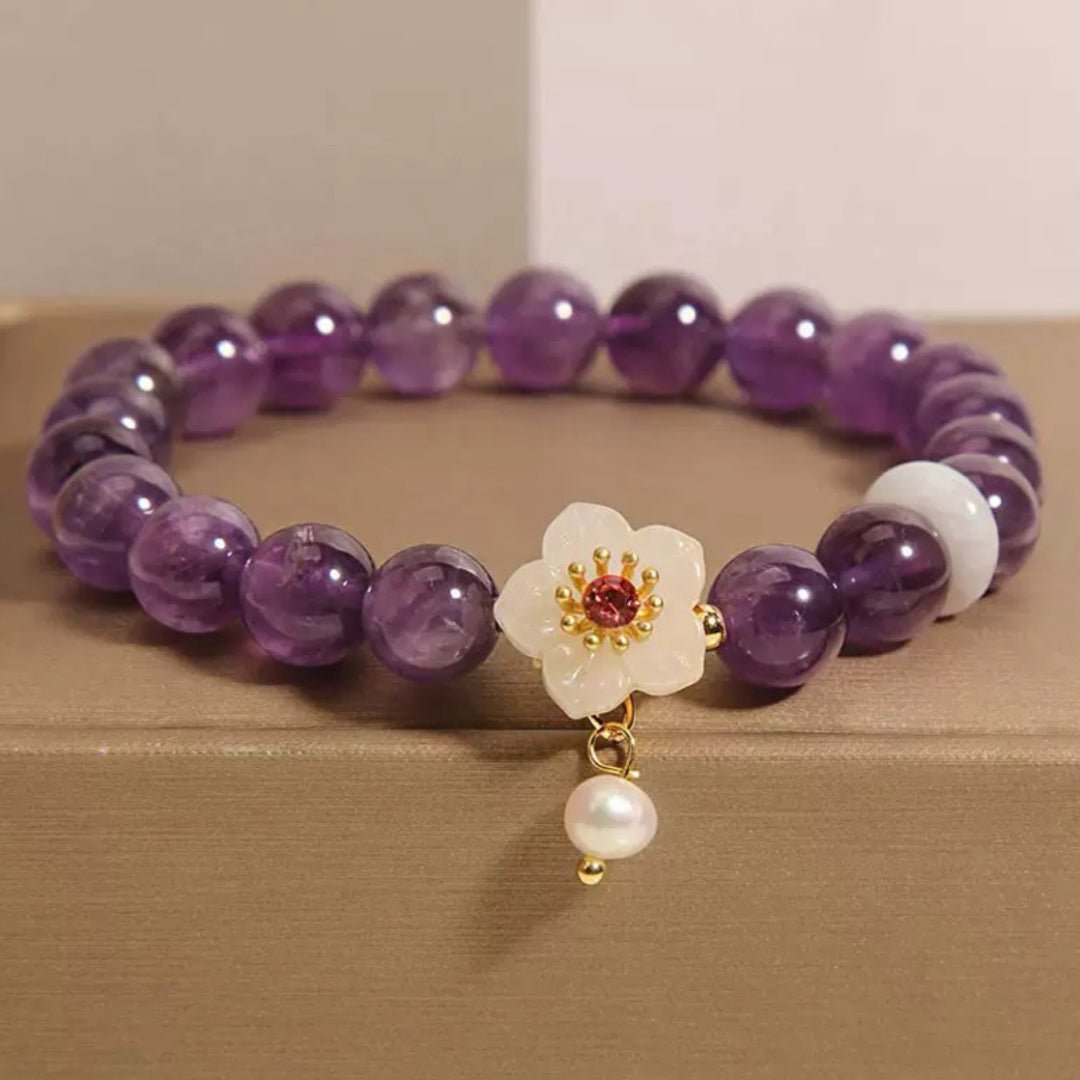 Bracelet pierres naturelles Améthyste Jade Perle Fleur Sérénité - Biloria