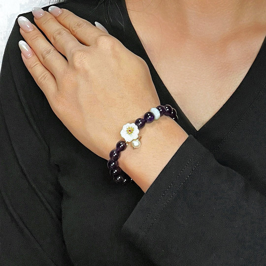 Bracelet pierres naturelles Améthyste Jade Perle Fleur Sérénité - Biloria