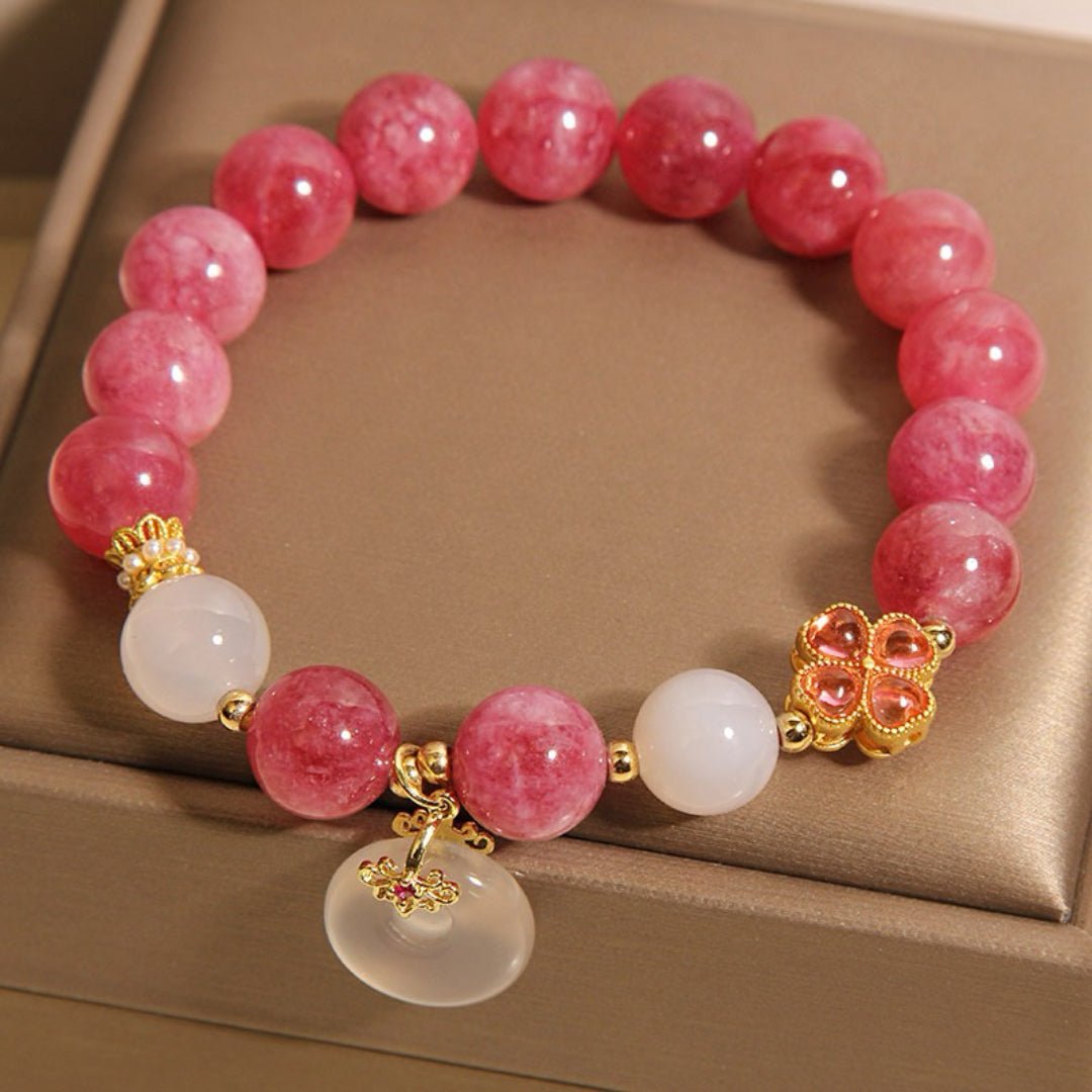 Bracelet Tourmaline Rose et Jade Blanc - Symbole Trèfle Chance - Biloria