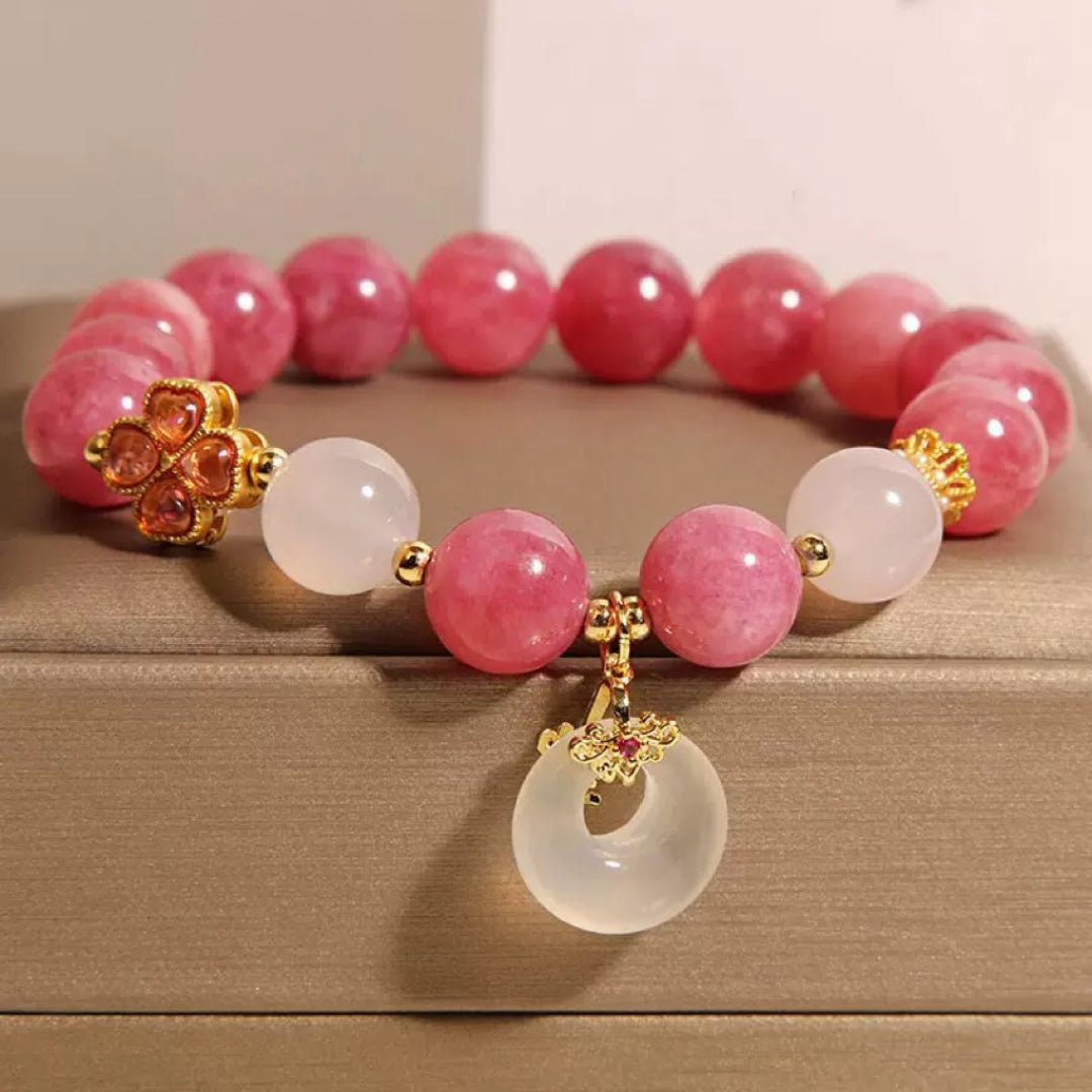 Bracelet Tourmaline Rose et Jade Blanc - Symbole Trèfle Chance - Biloria