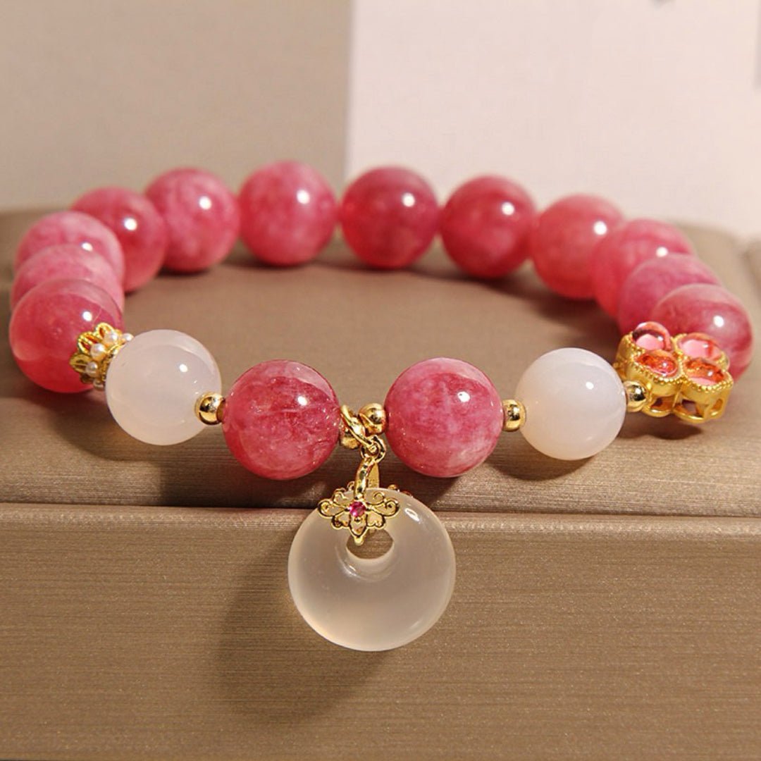 Bracelet Tourmaline Rose et Jade Blanc - Symbole Trèfle Chance - Biloria