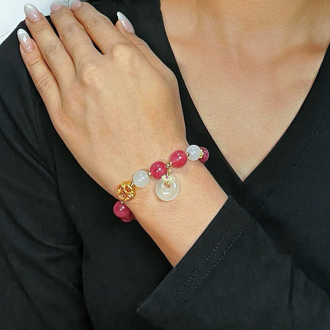 Bracelet Tourmaline Rose et Jade Blanc - Symbole Trèfle Chance - Biloria