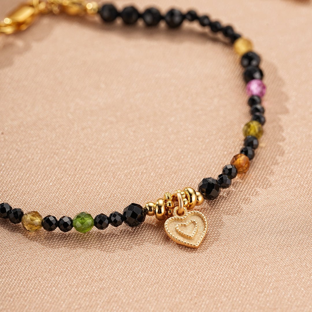 Bracelet Tourmaline Spinelle Noire Argent Plaqué Or Protection - Biloria
