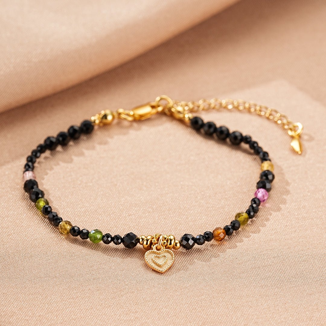 Bracelet Tourmaline Spinelle Noire Argent Plaqué Or Protection - Biloria