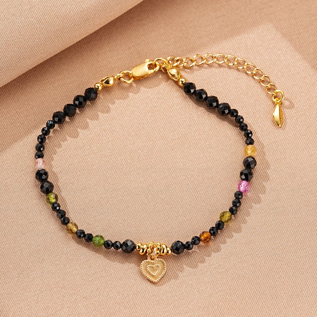 Bracelet Tourmaline Spinelle Noire Argent Plaqué Or Protection - Biloria