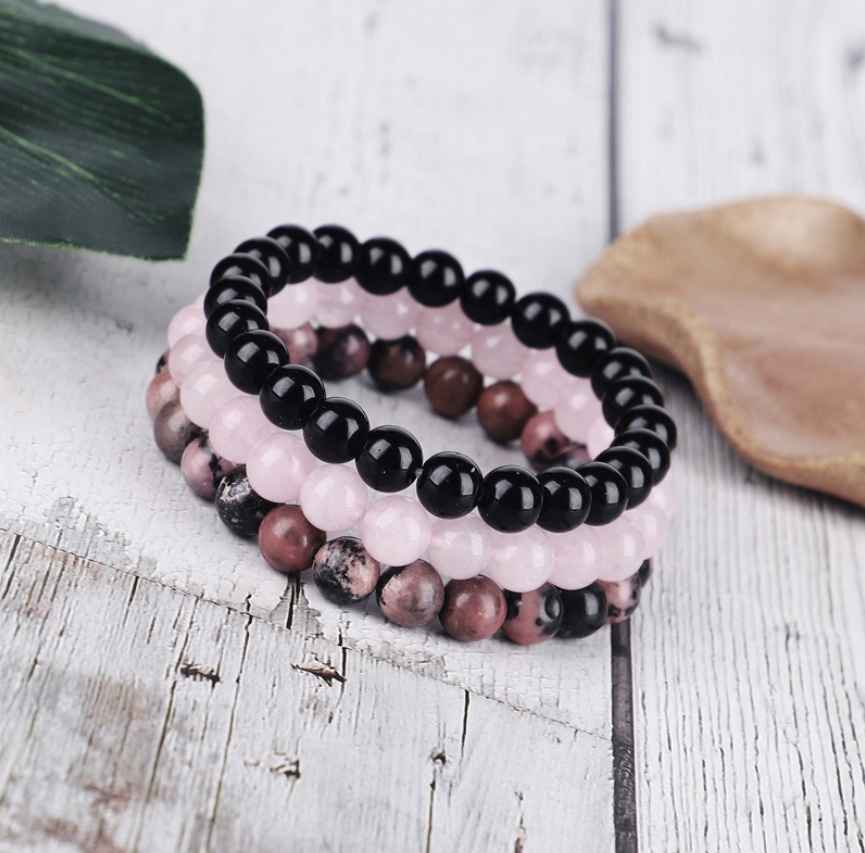 Bracelet Trio Onyx Quartz Rose Rhodonite – Protection & Sérénité - Biloria