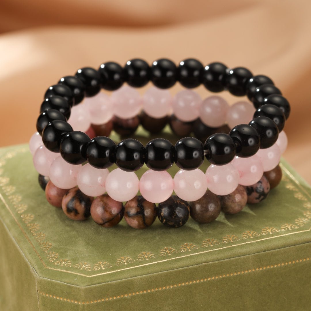 Bracelet Trio Onyx Quartz Rose Rhodonite – Protection & Sérénité - Biloria