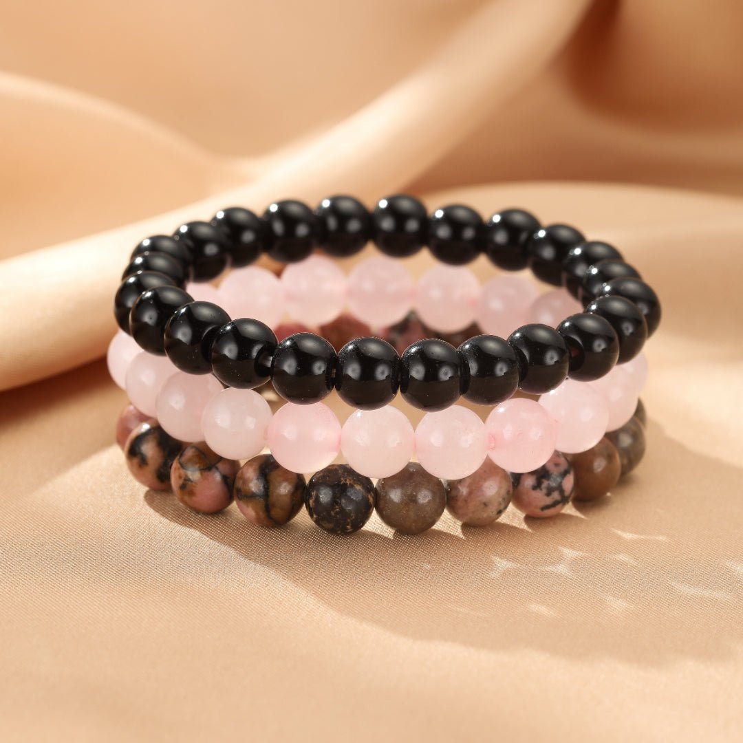 Bracelet Trio Onyx Quartz Rose Rhodonite – Protection & Sérénité - Biloria