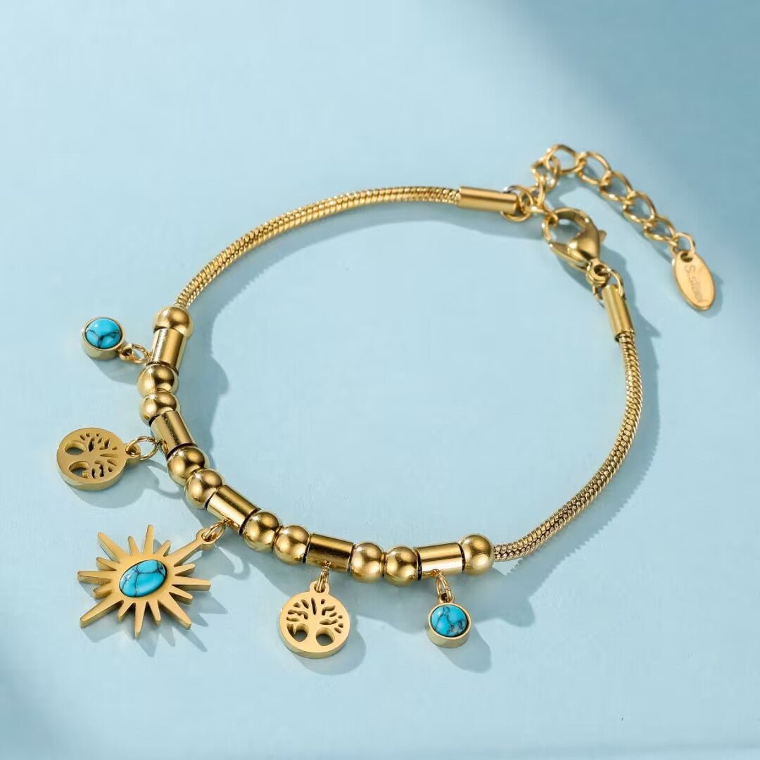 Bracelet Turquoise Arbre de Vie Acier Doré - Biloria
