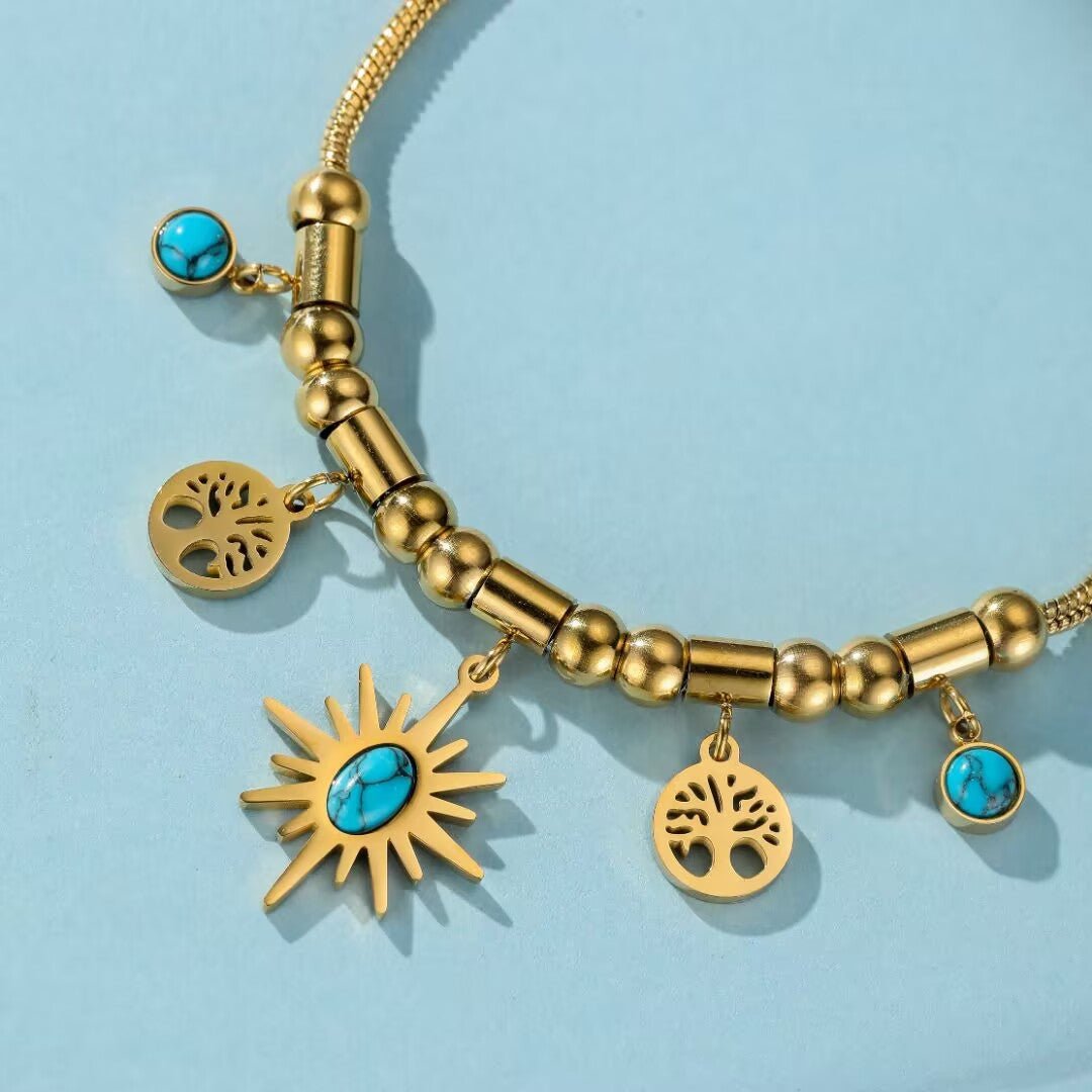 Bracelet Turquoise Arbre de Vie Acier Doré - Biloria