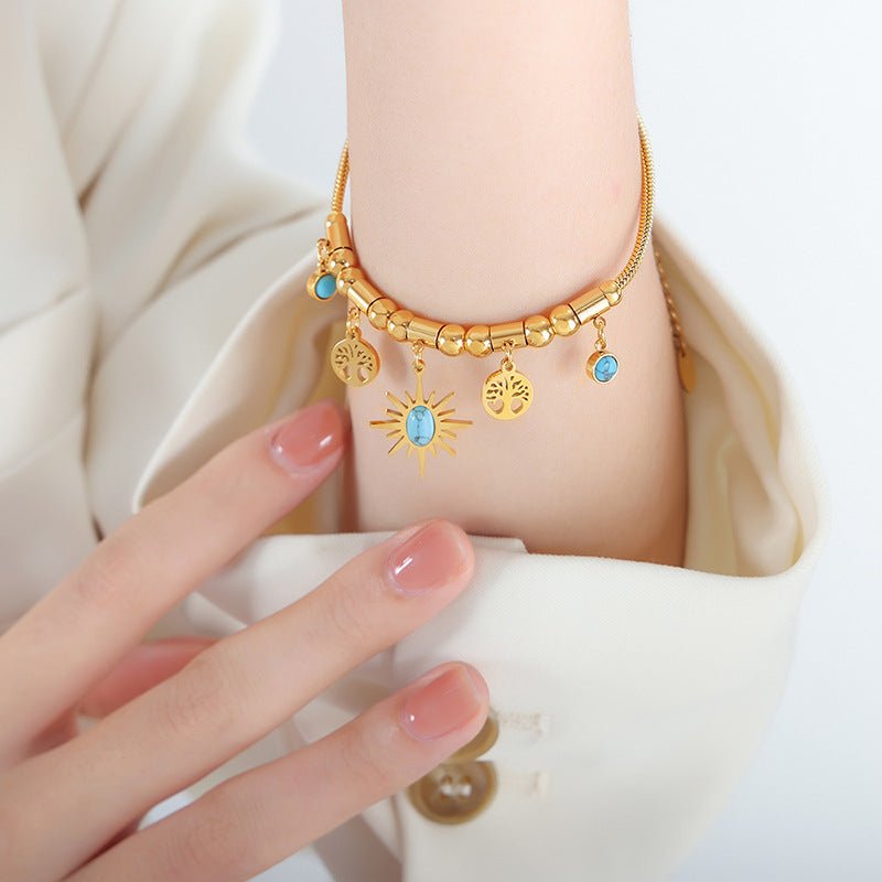 Bracelet Turquoise Arbre de Vie Acier Doré - Biloria