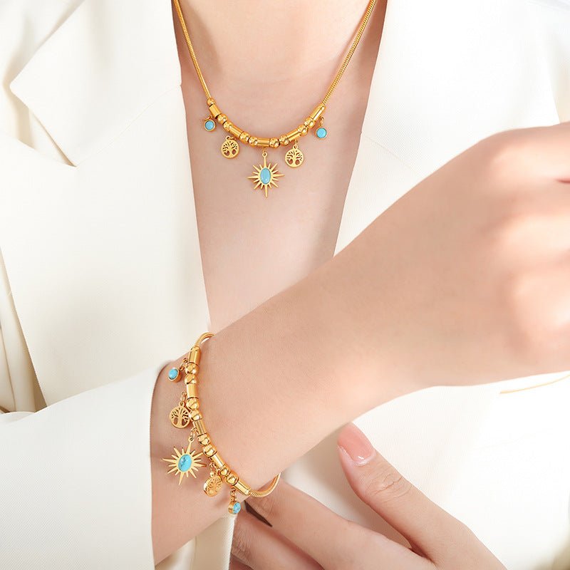 Bracelet Turquoise Arbre de Vie Acier Doré - Biloria