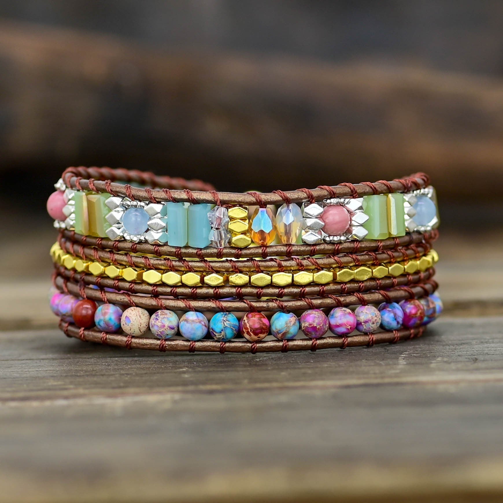 Bracelet Wrap Jaspe Africain Tressé Bohème Chic - Biloria