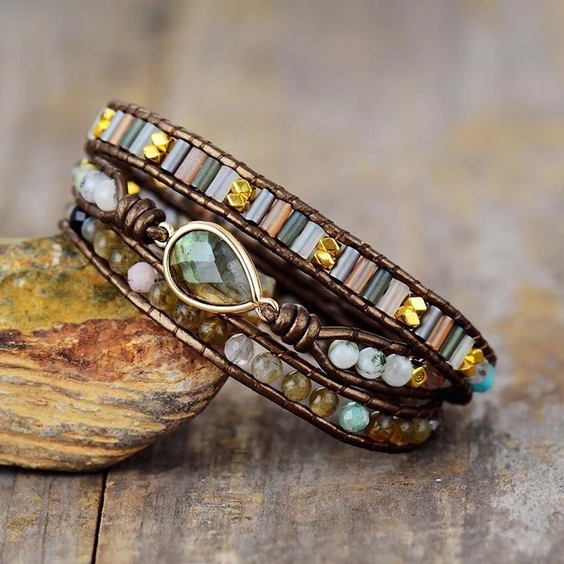 Bracelet Wrap Labradorite Cuir Ajustable - Bijou Protecteur - Biloria