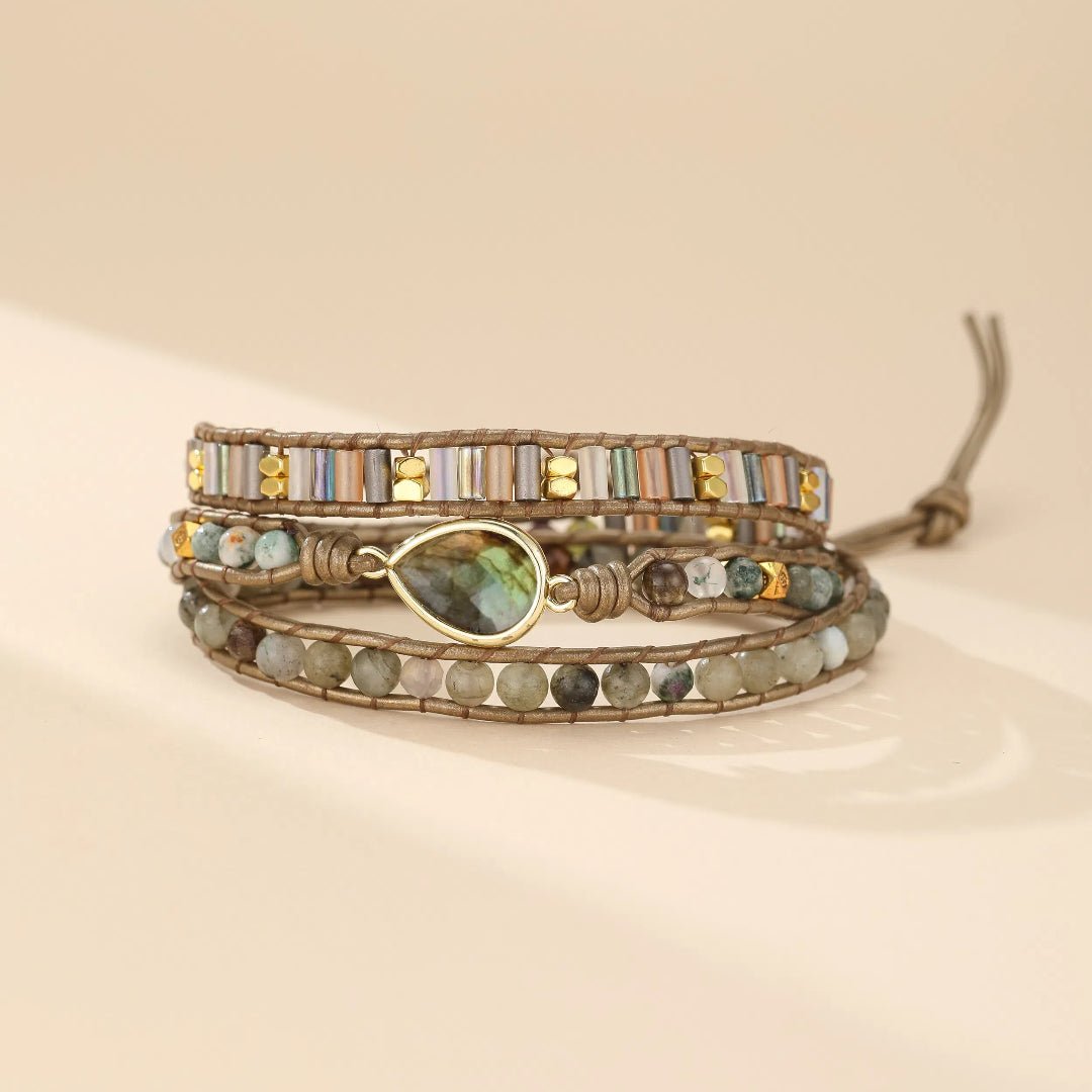 Bracelet Wrap Labradorite Cuir Ajustable - Bijou Protecteur - Biloria