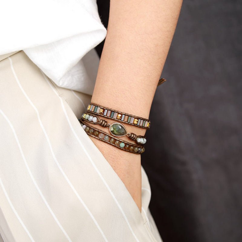 Bracelet Wrap Labradorite Cuir Ajustable - Bijou Protecteur - Biloria