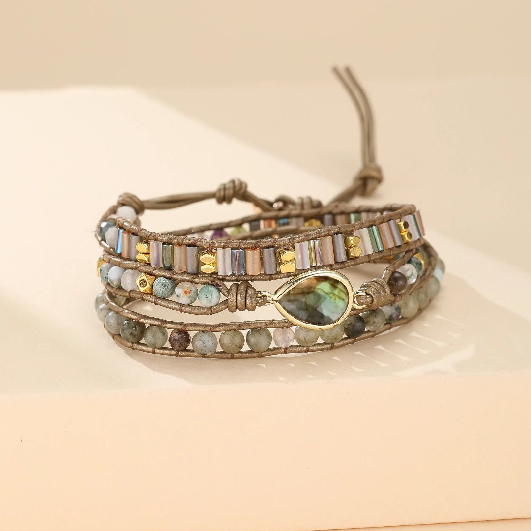 Bracelet Wrap Labradorite Cuir Ajustable - Bijou Protecteur - Biloria
