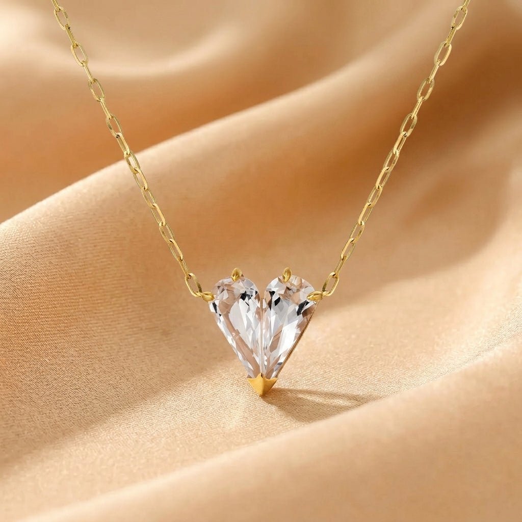 Cœur Cristallin en Cristal de Roche – Pendentif Argent Plaqué Or 18k - Biloria