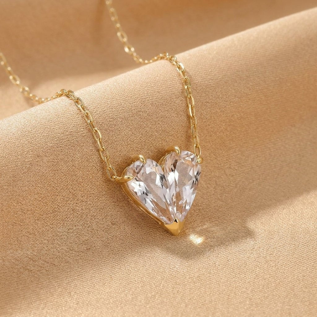 Cœur Cristallin en Cristal de Roche – Pendentif Argent Plaqué Or 18k - Biloria