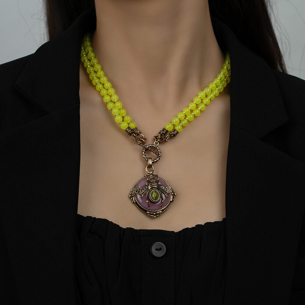 Collier Agate Jaune Abeille Royale en Pierre Naturelle - Biloria