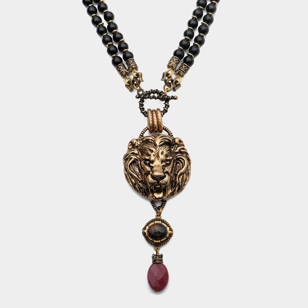 Collier Agate Noire Roi Lion en Laiton et Pierres Naturelles - Biloria