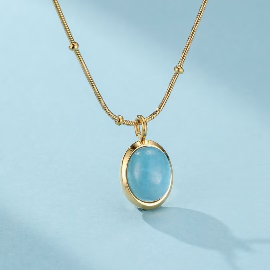 Collier Aigue Marine Acier Titane Plaqué Or 18K - Biloria