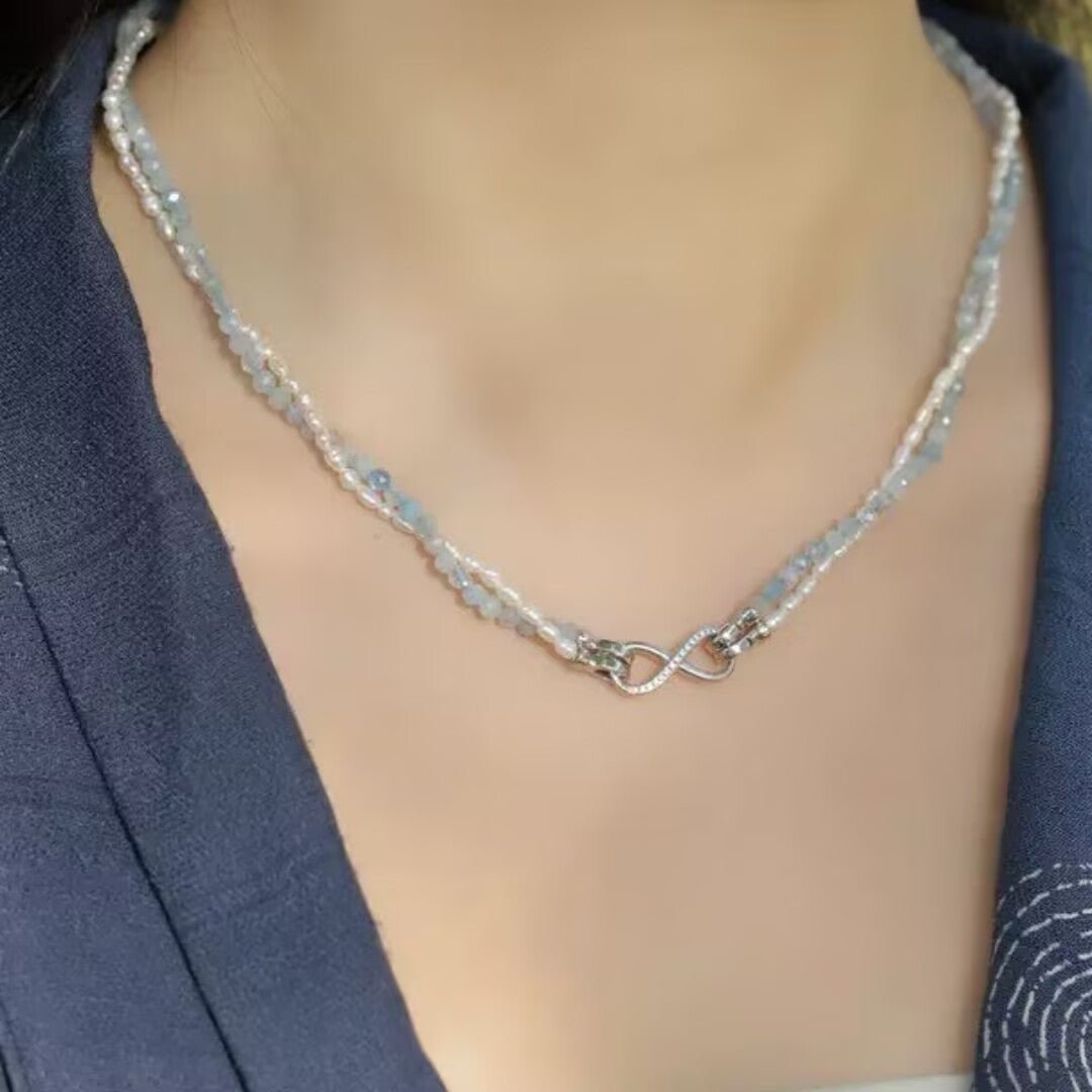Collier Aigue Marine et Perle Argent 925 Plaqué Platine - Biloria