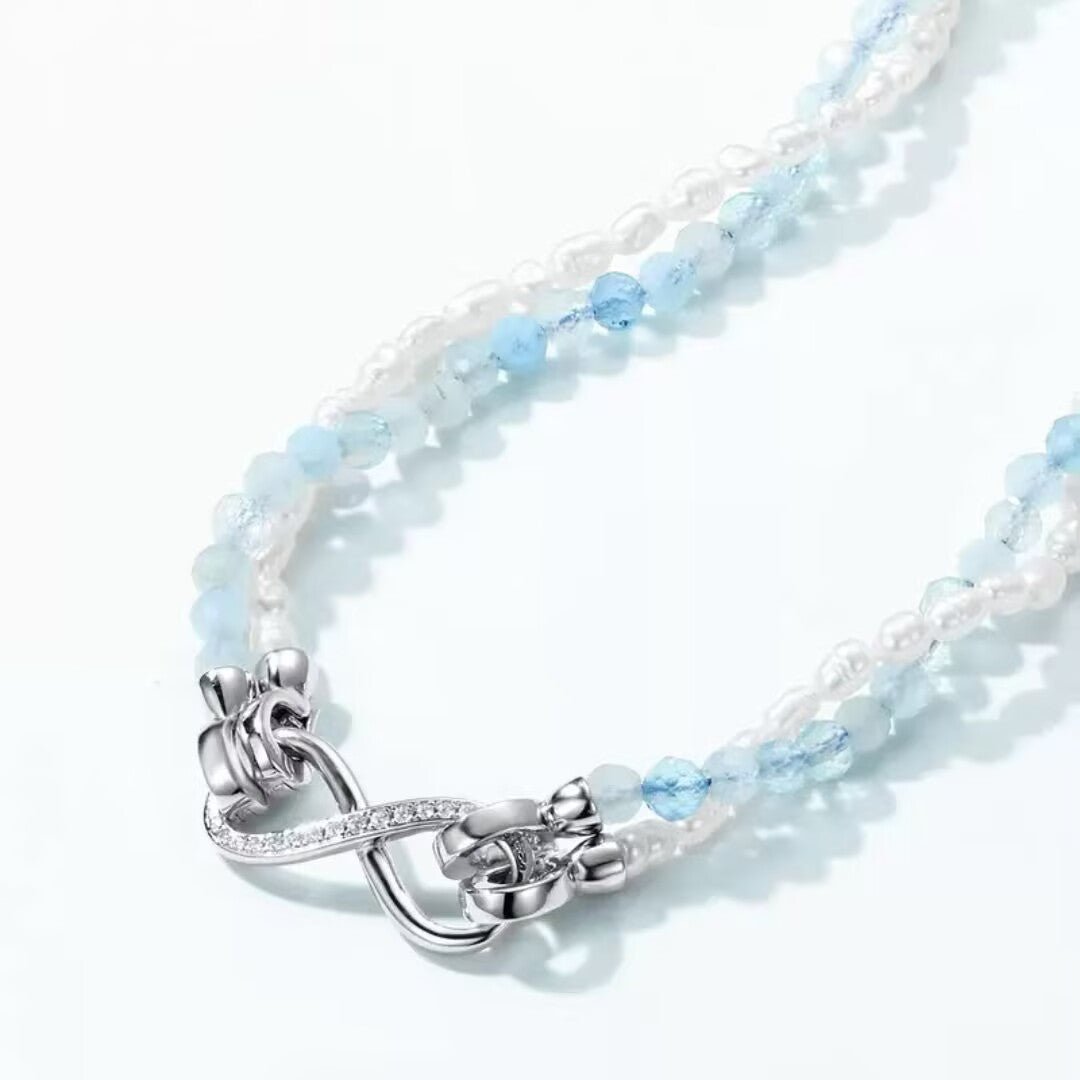 Collier Aigue Marine et Perle Argent 925 Plaqué Platine - Biloria