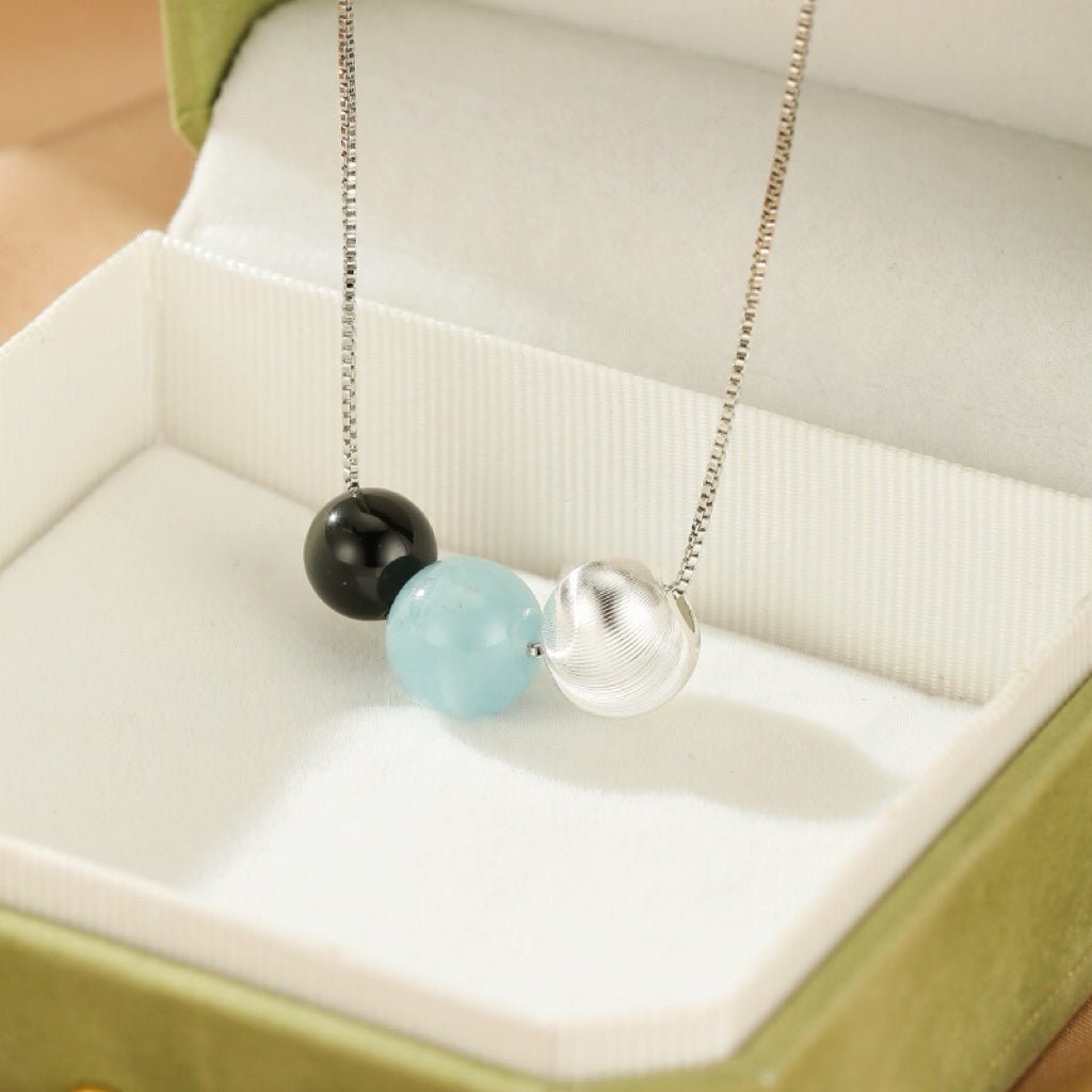 Collier Aigue-Marine Obsidienne Argent 925 – Bijou Tendance Bureau - Biloria