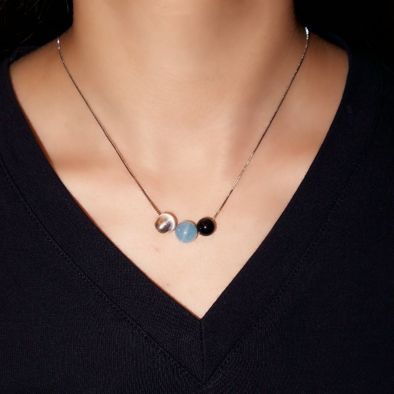 Collier Aigue-Marine Obsidienne Argent 925 – Bijou Tendance Bureau - Biloria
