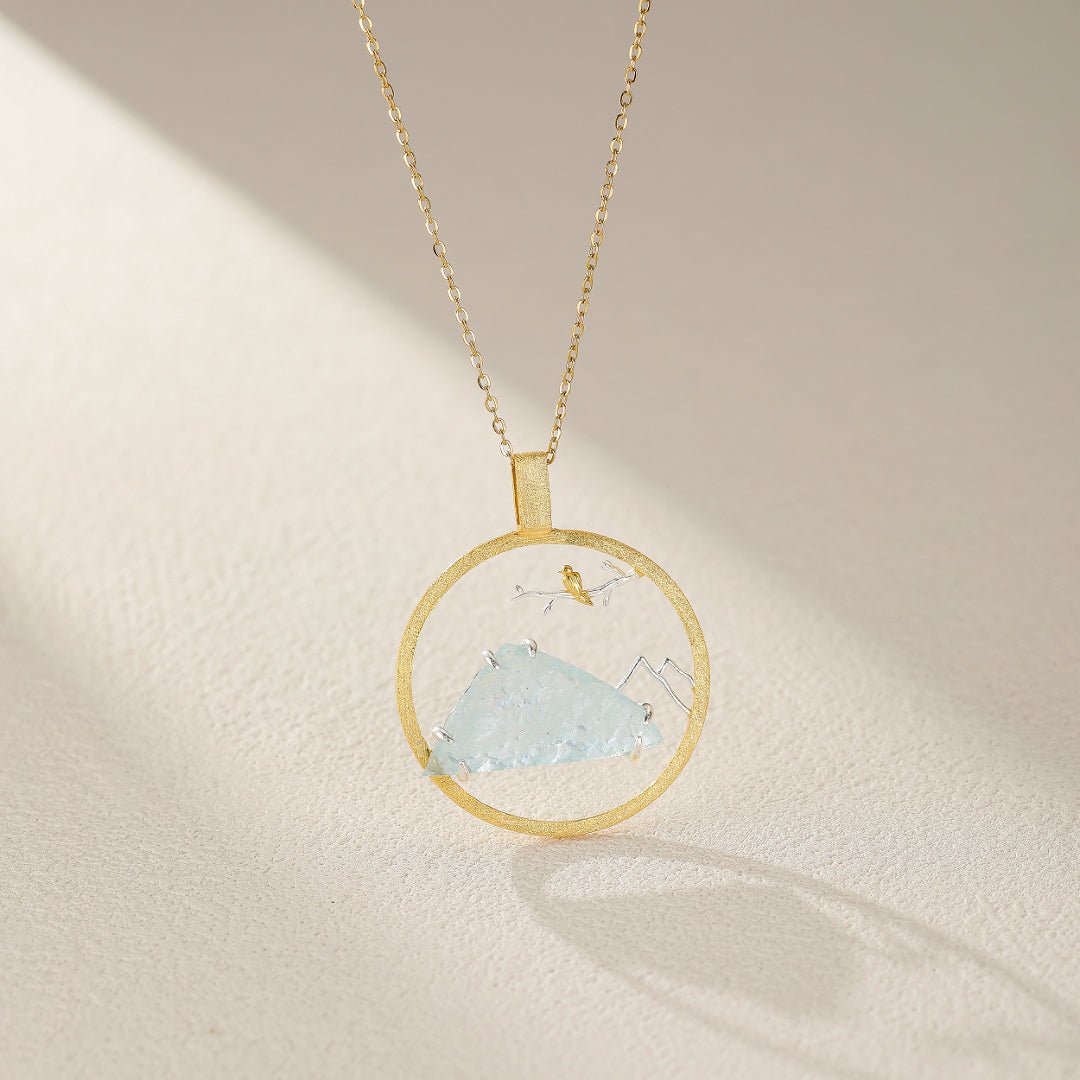 Collier Aigue Marine Petit Oiseau, Argent Plaqué Or - Biloria