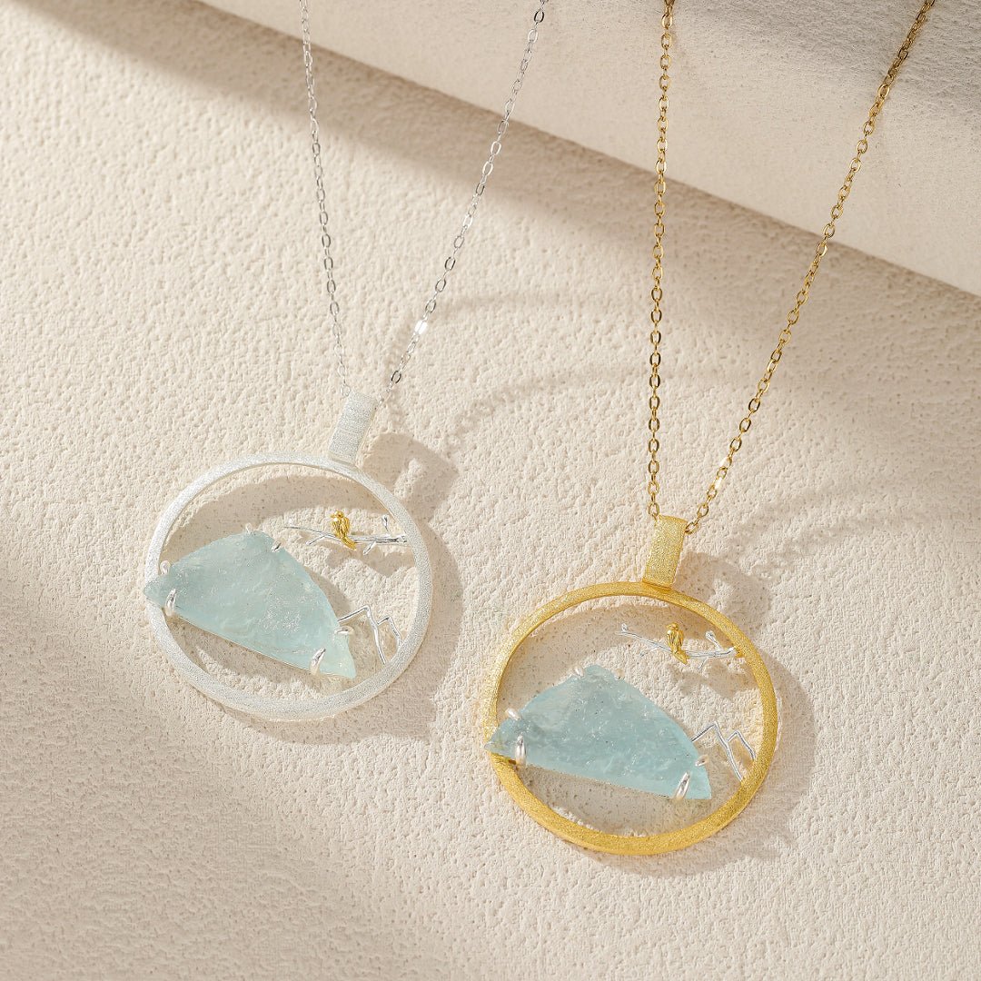 Collier Aigue Marine Petit Oiseau, Argent Plaqué Or - Biloria